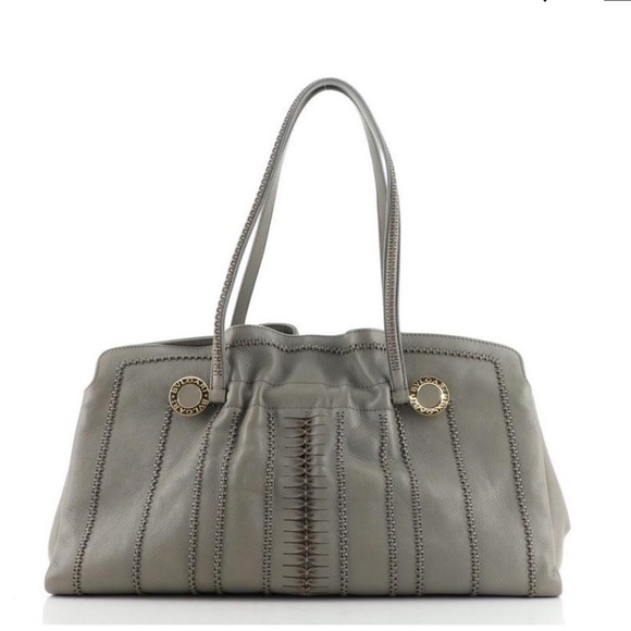 BVLGARI Leather Shoulder Gray Bag with Textured Leather and Gold Hardware - Picture 1 of 14